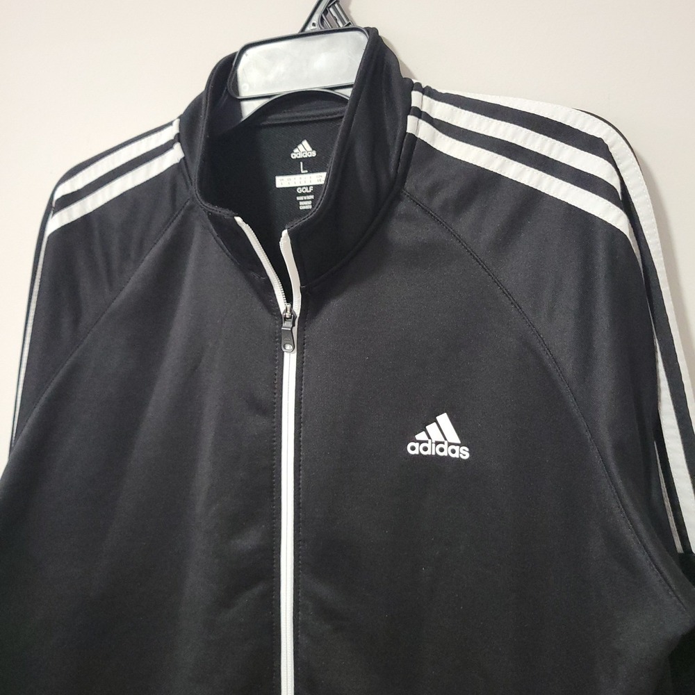 Adidas Golf Full Zip Jacket Mens L Black White 3 Stripe Performance Track